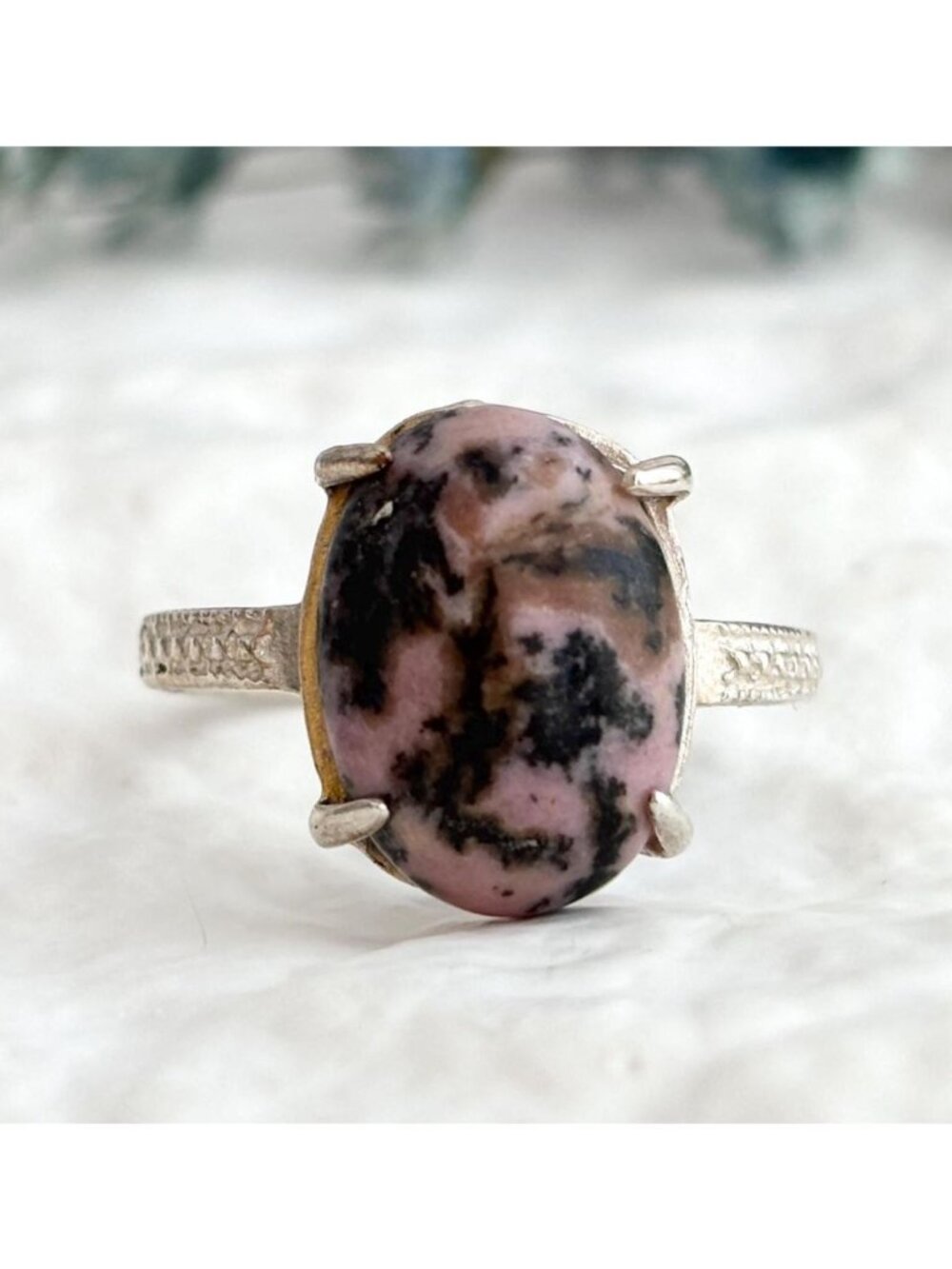 Rohodnite Pink & Black Oval Cabochon Sterling Silver 925 Vintage Ring - sz 6.75